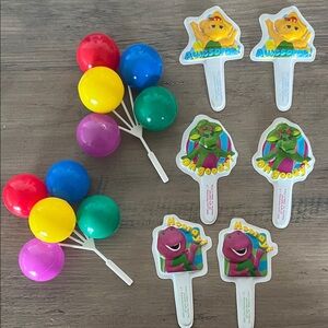 Vintage Barney 6 Cupcake Cake Topper Picks 2 Multicolor - Birthday Party Pack